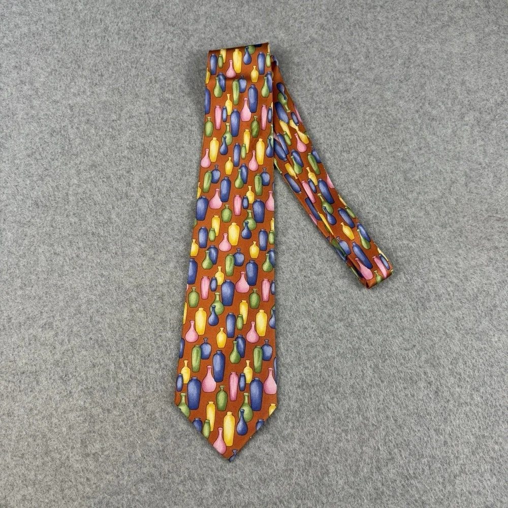 Vintage Gucci Italy Silk Tie Art Pottery Vase Print Orange Multicolor‎ 56x3.75